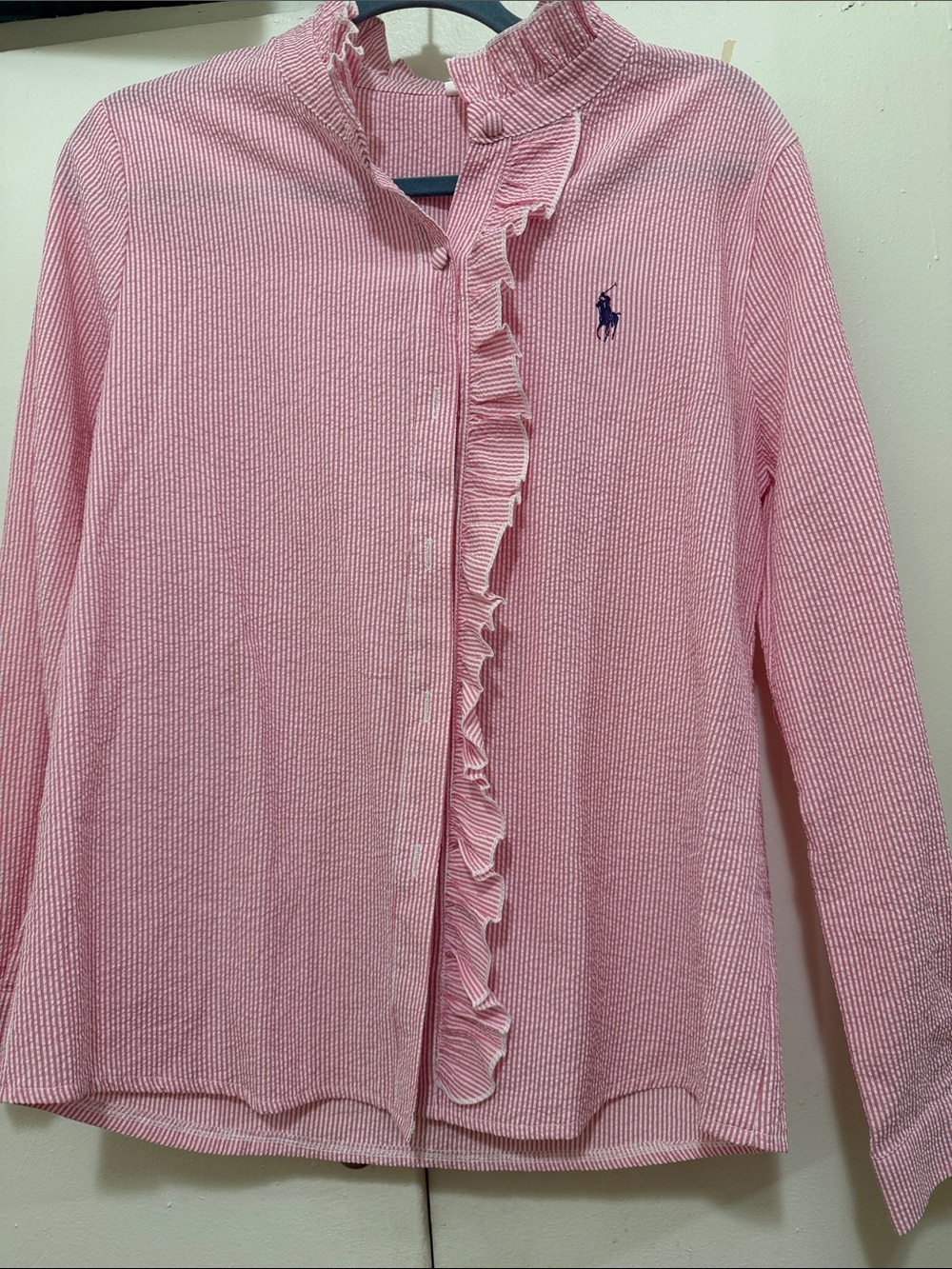 Ralph Lauren Pink Striped Ruffle-Front Long Sleeve Top